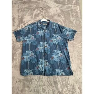 Tommy Bahama Mens XL Blue 100% Silk Tropical Palm Tree Floral Hawaiian Shirt